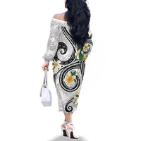 Kanaka Maoli Hawaii Plumeria Family Matching Off The Shoulder Long Sleeve Dress and Hawaiian Shirt Dancing Tentacles White Style