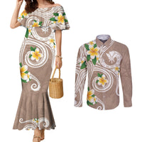 Kanaka Maoli Hawaii Plumeria Couples Matching Mermaid Dress and Long Sleeve Button Shirt Dancing Tentacles Beige Style LT7 Beige - Polynesian Pride