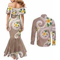 Kanaka Maoli Hawaii Plumeria Couples Matching Mermaid Dress and Long Sleeve Button Shirt Dancing Tentacles Beige Style LT7 - Polynesian Pride