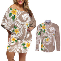 Kanaka Maoli Hawaii Plumeria Couples Matching Off Shoulder Short Dress and Long Sleeve Button Shirt Dancing Tentacles Beige Style LT7 Beige - Polynesian Pride