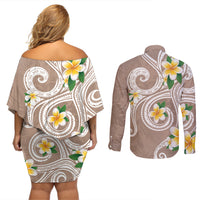 Kanaka Maoli Hawaii Plumeria Couples Matching Off Shoulder Short Dress and Long Sleeve Button Shirt Dancing Tentacles Beige Style LT7 - Polynesian Pride