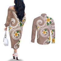 Kanaka Maoli Hawaii Plumeria Couples Matching Off The Shoulder Long Sleeve Dress and Long Sleeve Button Shirt Dancing Tentacles Beige Style