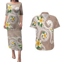 Kanaka Maoli Hawaii Plumeria Couples Matching Puletasi and Hawaiian Shirt Dancing Tentacles Beige Style LT7 Beige - Polynesian Pride