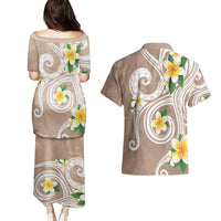 Kanaka Maoli Hawaii Plumeria Couples Matching Puletasi and Hawaiian Shirt Dancing Tentacles Beige Style LT7 - Polynesian Pride