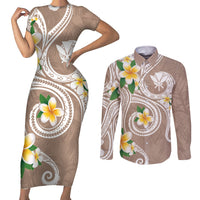 Kanaka Maoli Hawaii Plumeria Couples Matching Short Sleeve Bodycon Dress and Long Sleeve Button Shirt Dancing Tentacles Beige Style