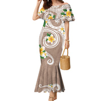 Kanaka Maoli Hawaii Plumeria Family Matching Mermaid Dress and Hawaiian Shirt Dancing Tentacles Beige Style