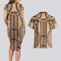 Bula Fiji Vintage Couples Matching Long Sleeve Bodycon Dress and Hawaiian Shirt Brown Masi Motifs