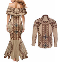 Bula Fiji Vintage Couples Matching Mermaid Dress and Long Sleeve Button Shirt Brown Masi Motifs