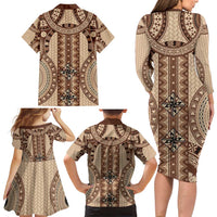Bula Fiji Vintage Family Matching Long Sleeve Bodycon Dress and Hawaiian Shirt Brown Masi Motifs