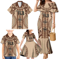 Bula Fiji Vintage Family Matching Mermaid Dress and Hawaiian Shirt Brown Masi Motifs