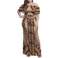 Bula Fiji Vintage Family Matching Off Shoulder Maxi Dress and Hawaiian Shirt Brown Masi Motifs