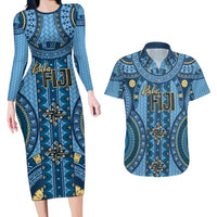 Bula Fiji Vintage Couples Matching Long Sleeve Bodycon Dress and Hawaiian Shirt Prussian Blue Masi Motifs