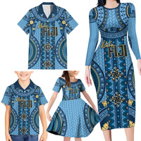 Bula Fiji Vintage Family Matching Long Sleeve Bodycon Dress and Hawaiian Shirt Prussian Blue Masi Motifs