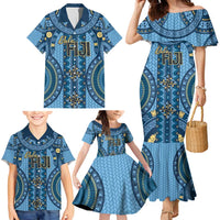 Bula Fiji Vintage Family Matching Mermaid Dress and Hawaiian Shirt Prussian Blue Masi Motifs