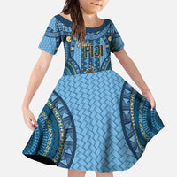 Bula Fiji Vintage Family Matching Off The Shoulder Long Sleeve Dress and Hawaiian Shirt Prussian Blue Masi Motifs