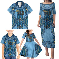 Bula Fiji Vintage Family Matching Puletasi and Hawaiian Shirt Prussian Blue Masi Motifs