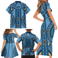 Bula Fiji Vintage Family Matching Short Sleeve Bodycon Dress and Hawaiian Shirt Prussian Blue Masi Motifs