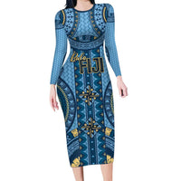 Bula Fiji Vintage Long Sleeve Bodycon Dress Prussian Blue Masi Motifs