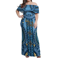 Bula Fiji Vintage Off Shoulder Maxi Dress Prussian Blue Masi Motifs