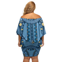 Bula Fiji Vintage Off Shoulder Short Dress Prussian Blue Masi Motifs