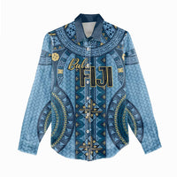 Bula Fiji Vintage Women Casual Shirt Prussian Blue Masi Motifs