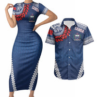 Manu Samoa Rugby Custom Navy Blue Couples Matching Short Sleeve Bodycon Dress and Hawaiian Shirt ʻIe Toga Pattern With Red Ula fala LT7 Navy Blue - Polynesian Pride