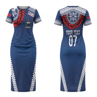 Manu Samoa Rugby Custom Navy Blue Couples Matching Short Sleeve Bodycon Dress and Hawaiian Shirt ʻIe Toga Pattern With Red Ula fala LT7 - Polynesian Pride