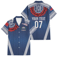 Manu Samoa Rugby Custom Navy Blue Family Matching Mermaid Dress and Hawaiian Shirt ʻIe Toga Pattern With Red Ula fala LT7 Dad's Shirt - Short Sleeve Navy Blue - Polynesian Pride