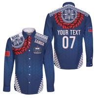 Manu Samoa Rugby Custom Navy Blue Family Matching Mermaid Dress and Hawaiian Shirt ʻIe Toga Pattern With Red Ula fala LT7 Dad's Shirt - Long Sleeve Navy Blue - Polynesian Pride
