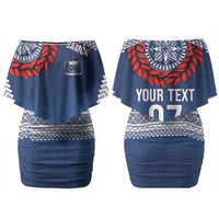 Manu Samoa Rugby Custom Navy Blue Family Matching Off Shoulder Short Dress and Hawaiian Shirt ʻIe Toga Pattern With Red Ula fala LT7 Mom's Dress Navy Blue - Polynesian Pride
