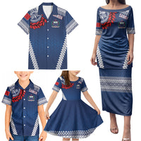 Manu Samoa Rugby Custom Navy Blue Family Matching Puletasi and Hawaiian Shirt ʻIe Toga Pattern With Red Ula fala LT7 - Polynesian Pride