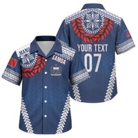 Manu Samoa Rugby Custom Navy Blue Family Matching Summer Maxi Dress and Hawaiian Shirt ʻIe Toga Pattern With Red Ula fala LT7 Son's Shirt Navy Blue - Polynesian Pride