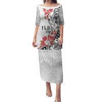 Bula Fiji Day Family Matching Puletasi and Hawaiian Shirt Tagimaucia on Masi Pattern LT7 Mom's Dress White - Polynesian Pride