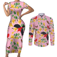 Aloha Hawaii Couples Matching Short Sleeve Bodycon Dress and Long Sleeve Button Shirt I'iwi on Mamane Pastel Pink