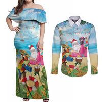 Have Yourself A Beachy Little Christmas Couples Matching Off Shoulder Maxi Dress and Long Sleeve Button Shirt with Santa Chilling - Polynesian Pride