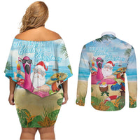 Have Yourself A Beachy Little Christmas Couples Matching Off Shoulder Short Dress and Long Sleeve Button Shirt with Santa Chilling - Polynesian Pride