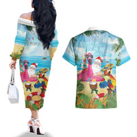 Have Yourself A Beachy Little Christmas Couples Matching Off The Shoulder Long Sleeve Dress and Hawaiian Shirt with Santa Chilling - Polynesian Pride