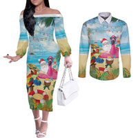 Have Yourself A Beachy Little Christmas Couples Matching Off The Shoulder Long Sleeve Dress and Long Sleeve Button Shirt with Santa Chilling - Polynesian Pride