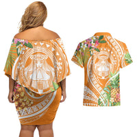 Aloha Hawaii Lanai Couples Matching Off Shoulder Short Dress and Hawaiian Shirt Frangipani Mix Pineapple