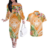 Aloha Hawaii Lanai Couples Matching Off The Shoulder Long Sleeve Dress and Hawaiian Shirt Frangipani Mix Pineapple