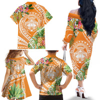 Aloha Hawaii Lanai Family Matching Off The Shoulder Long Sleeve Dress and Hawaiian Shirt Frangipani Mix Pineapple