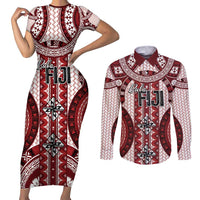 Bula Fiji Vintage Couples Matching Short Sleeve Bodycon Dress and Long Sleeve Button Shirt Scarlet Masi Motifs