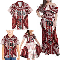 Bula Fiji Vintage Family Matching Off Shoulder Maxi Dress and Hawaiian Shirt Scarlet Masi Motifs