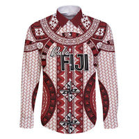 Bula Fiji Vintage Family Matching Puletasi and Hawaiian Shirt Scarlet Masi Motifs LT7 Dad's Shirt - Long Sleeve Scarlet - Polynesian Pride