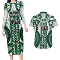Bula Fiji Vintage Couples Matching Long Sleeve Bodycon Dress and Hawaiian Shirt Phthalo Green Masi Motifs