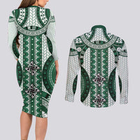 Bula Fiji Vintage Couples Matching Long Sleeve Bodycon Dress and Long Sleeve Button Shirt Phthalo Green Masi Motifs