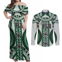 Bula Fiji Vintage Couples Matching Off Shoulder Maxi Dress and Long Sleeve Button Shirt Phthalo Green Masi Motifs