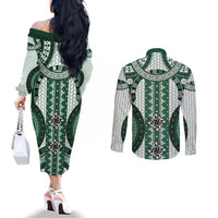 Bula Fiji Vintage Couples Matching Off The Shoulder Long Sleeve Dress and Long Sleeve Button Shirt Phthalo Green Masi Motifs