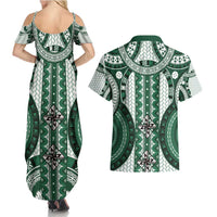 Bula Fiji Vintage Couples Matching Summer Maxi Dress and Hawaiian Shirt Phthalo Green Masi Motifs