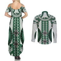 Bula Fiji Vintage Couples Matching Summer Maxi Dress and Long Sleeve Button Shirt Phthalo Green Masi Motifs